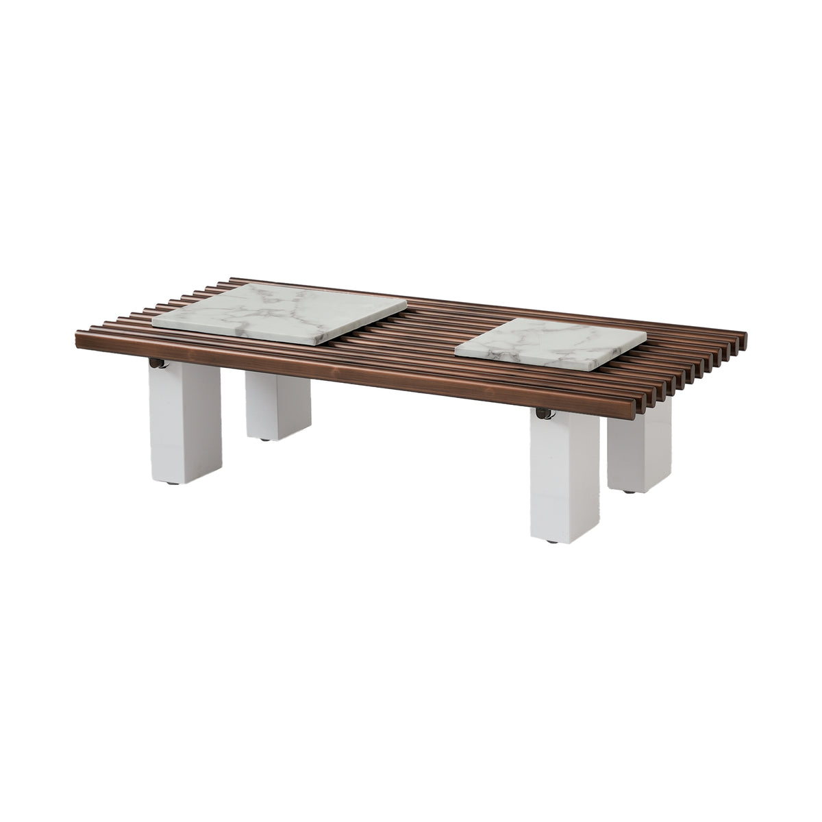 Slatted Coffee Table with Artificial Marble Tops & Iron Legs – Modern Center Table