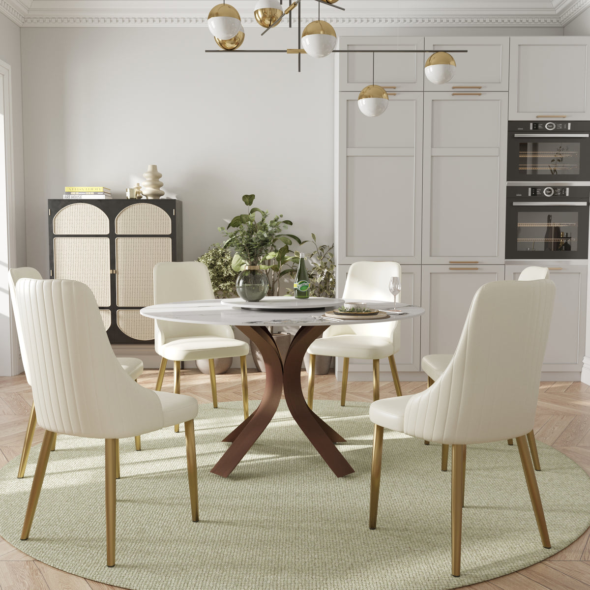 2 Sizes & 3 Colors Round Marble-Pattern Dining Table – Optional Rotating Lazy Susan, 2-Tone X-Shaped Metal Legs
