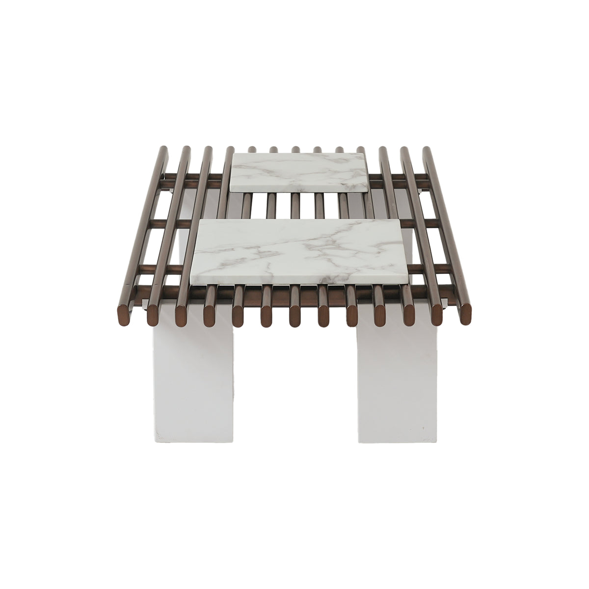 Slatted Coffee Table with Artificial Marble Tops & Iron Legs – Modern Center Table