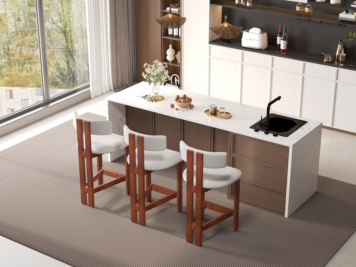 Minimalist Upholstered Counter Bar Stool Set, Walnut Solid Wood Frame, 2-Pack Per Box