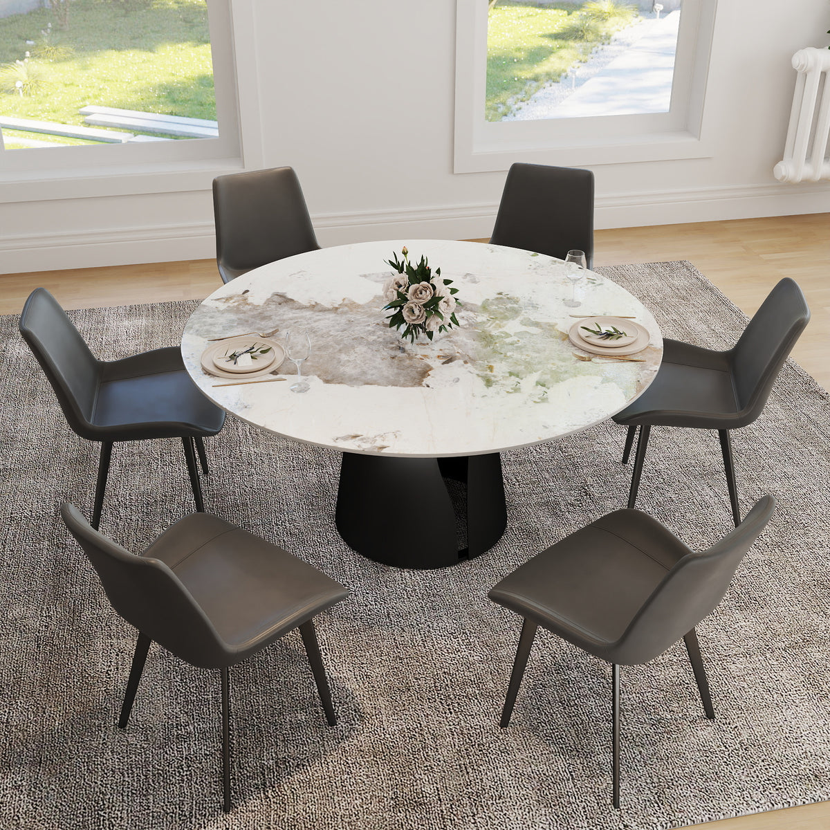 2 Sizes Round Pandora-Color Dining Table – Optional Rotating Lazy Susan, Black Pedestal Base
