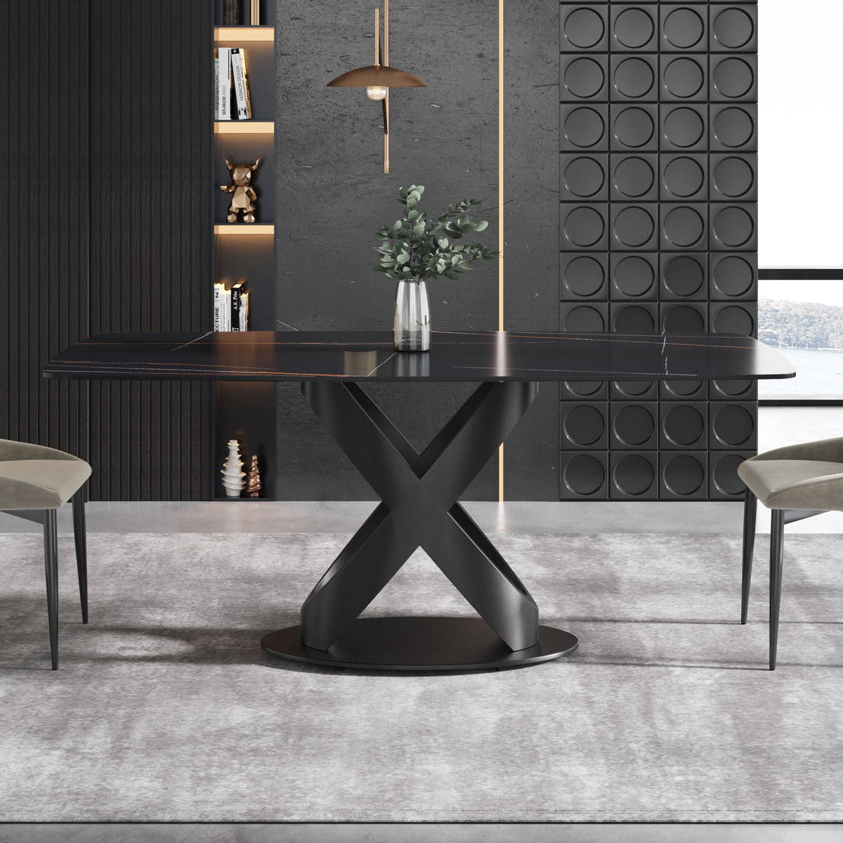 63/70.9inch Sizes & 3 Colors Rectangular Marble Dining Table – Gold/Black Carbon Steel X-Base