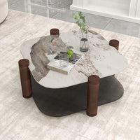 Two-Tier Coffee Table with Glass & Artificial Marble Tops, 2 Color Options (Bronze/White)