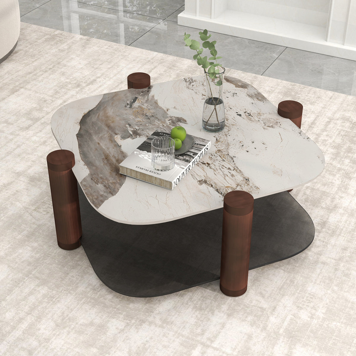 Two-Tier Coffee Table with Glass & Artificial Marble Tops, 2 Color Options (Bronze/White)