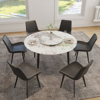 2 Sizes Round Sintered Stone Dining Table – Optional Rotating Lazy Susan, Black Metal Legs, Marble Pattern Tabletop for Modern Home