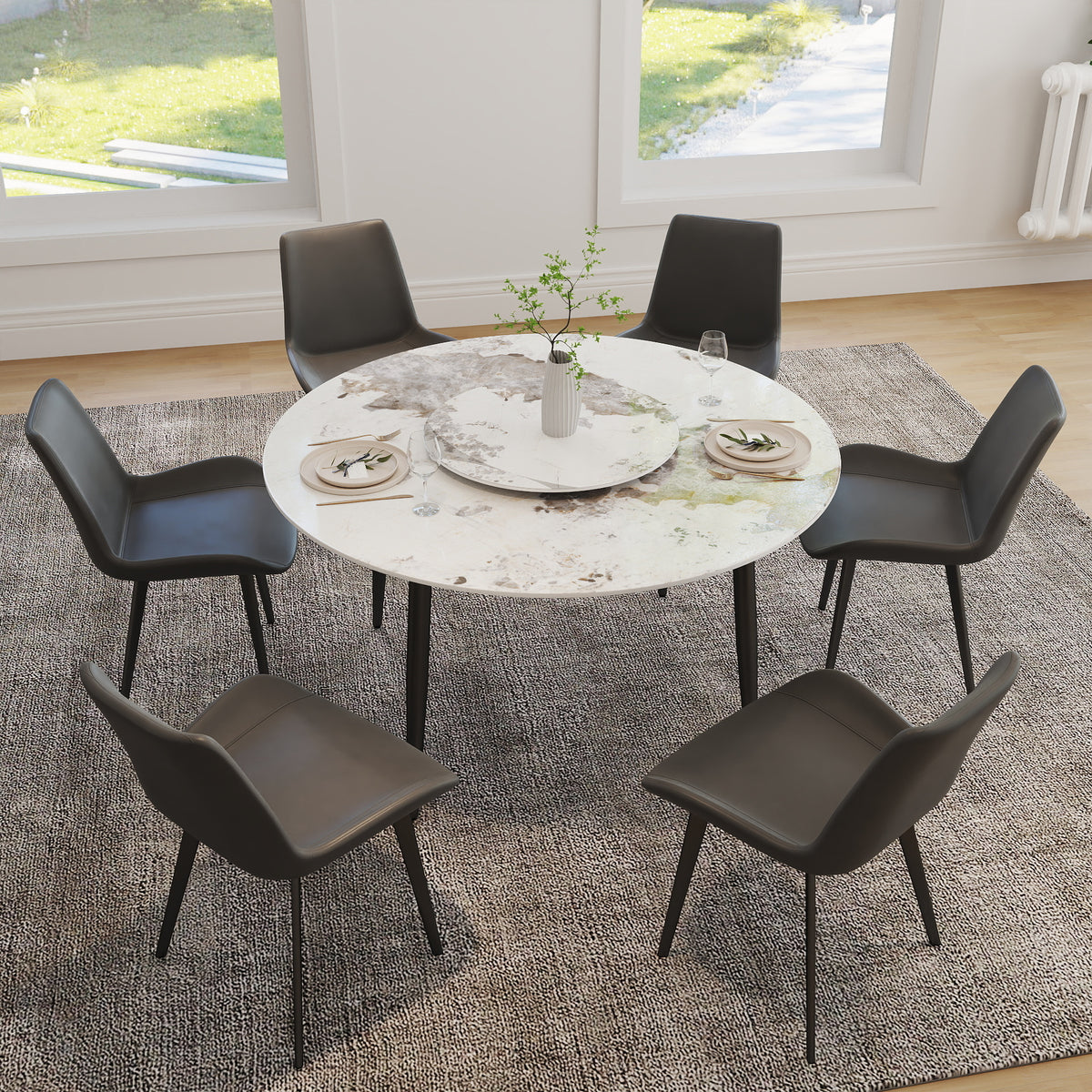 2 Sizes Round Sintered Stone Dining Table – Optional Rotating Lazy Susan, Black Metal Legs, Marble Pattern Tabletop for Modern Home