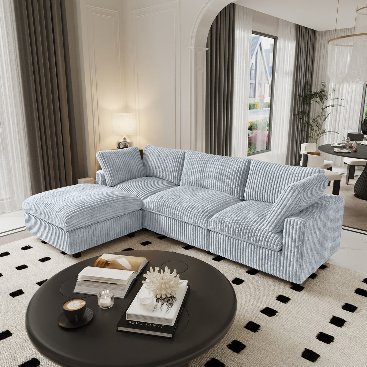 L-Shaped Corduroy Modular Sofa with Ottoman – Cream White Ribbed Fabric, Sectional Sofa for Living Room
