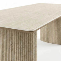 【LAS VEGAS MARKET EXHIBIT】Fluted Travertine Veneer Sintered Stone Dining Table, Oval Double Pedestal Rectangle Table