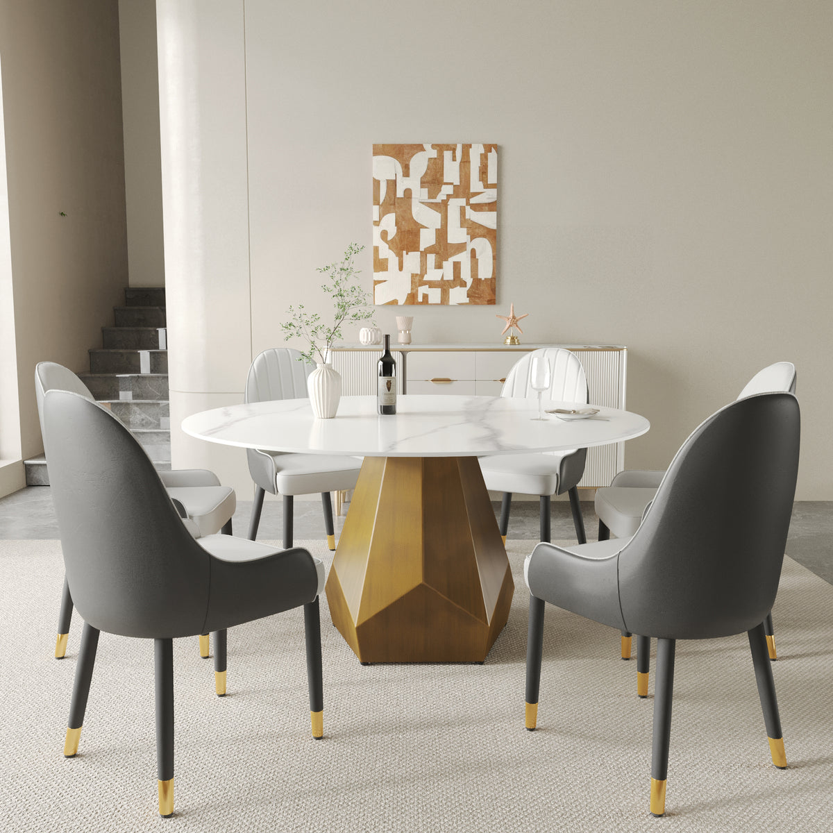 2 Sizes & 2 Colors Round Dining Table – Optional Rotating Lazy Susan, Gold-Geometric Pedestal Base