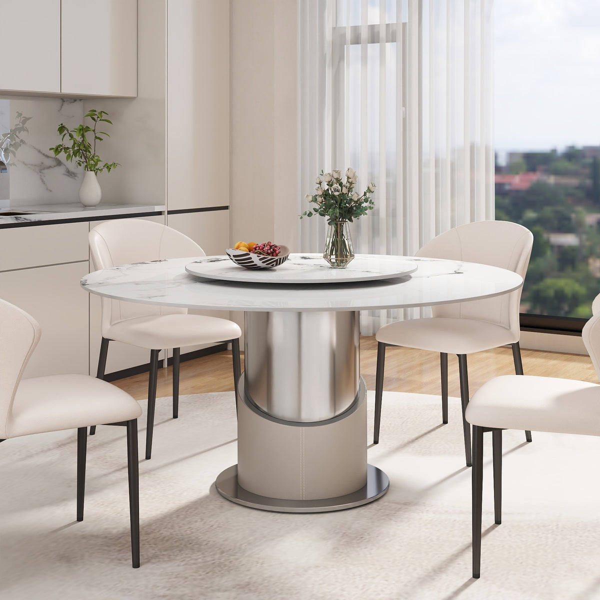 2 Sizes & 3 Colors Sintered Stone Dining Table Optional Rotating Tray Light Luxury Round Table Set for Home