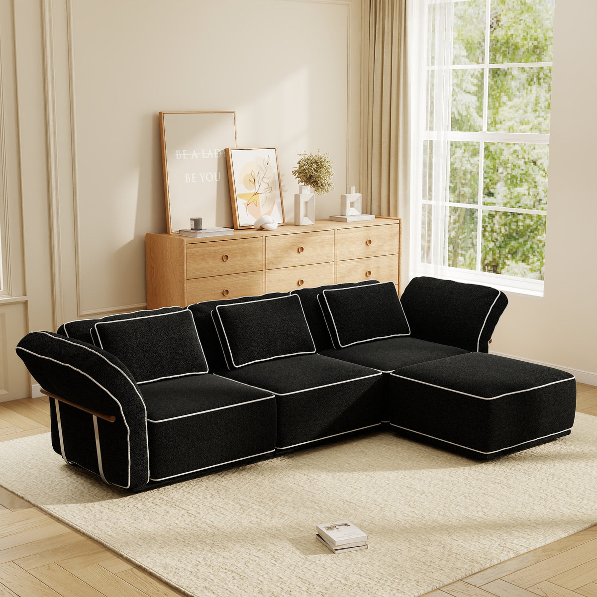 Boucle Fabric Modular Sectional Sofa with Chaise, Detachable Slipcover Contrast Stitch Block Sofa for Living Room
