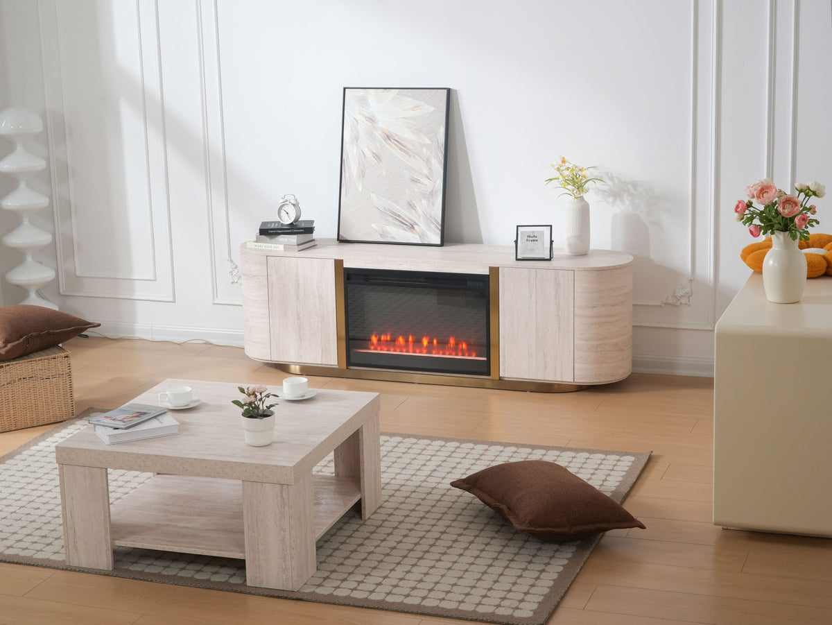 Modern Travertine Panel TV Stand with Fireplace
