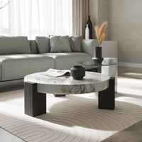 Black & White Veined Laminate Round Coffee Table – Contrast Block Legs Center Table