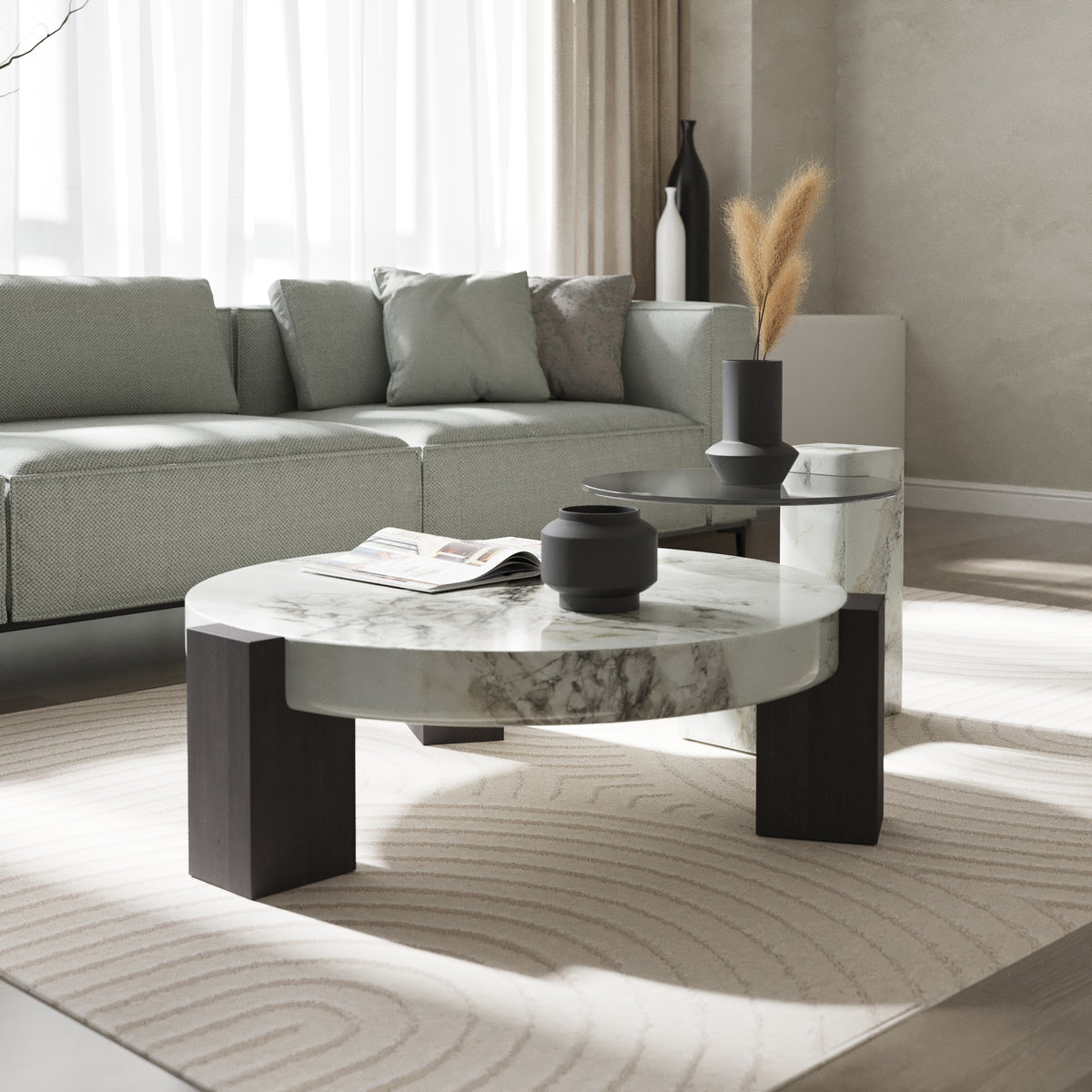 Black & White Veined Laminate Round Coffee Table – Contrast Block Legs Center Table