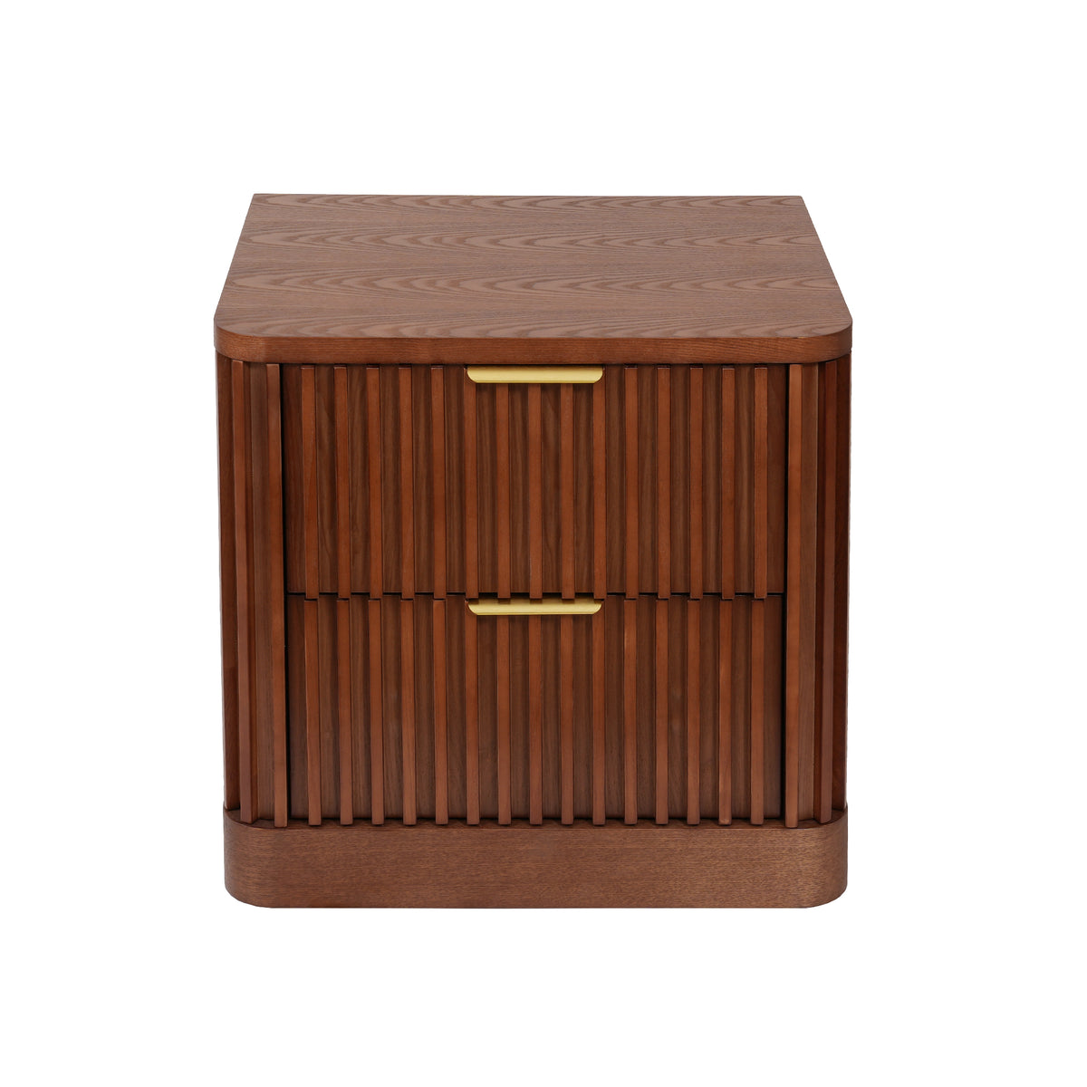 Fluted Solid Wood Nightstand with 2 Drawers, Vintage Rounded Bedside Cabinet for Bedroom Storage
