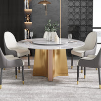2 Sizes & 3 Colors Round Sintered Stone Dining Table – Optional Rotating Lazy Susan, Gold-Rose Gold Pedestal Base for Luxury Home