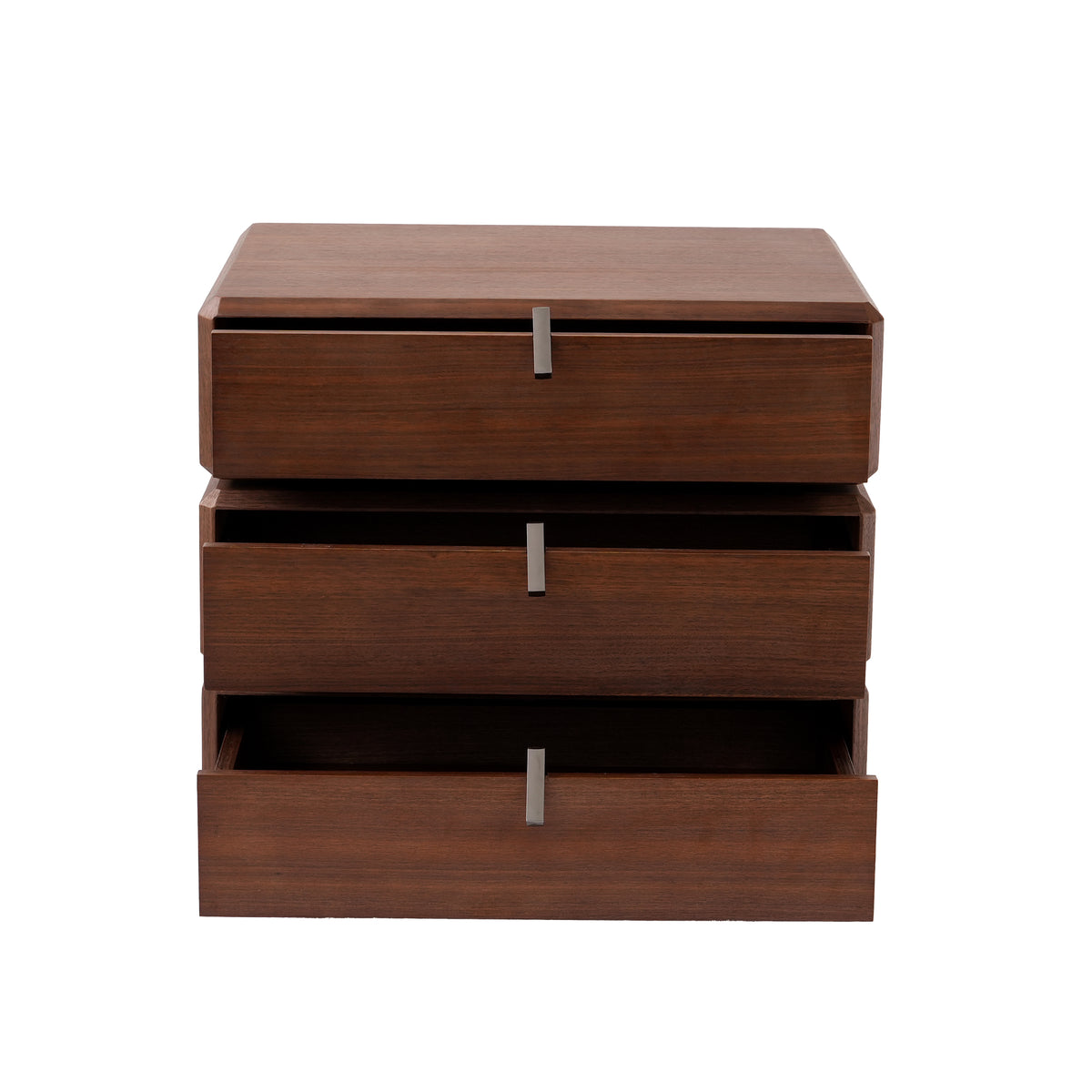 Rotating 3-Drawer Walnut Nightstand – Modern Rotatable Bedside Table with Metal Handles