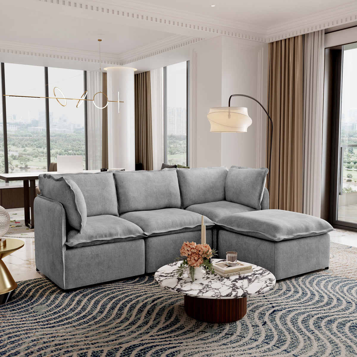 Modular L-Shaped Linen-Look Sectional Sofa, 4 Color Options, Freely Reconfigurable Couch with Removable Washable Covers & Sturdy Iron Frame