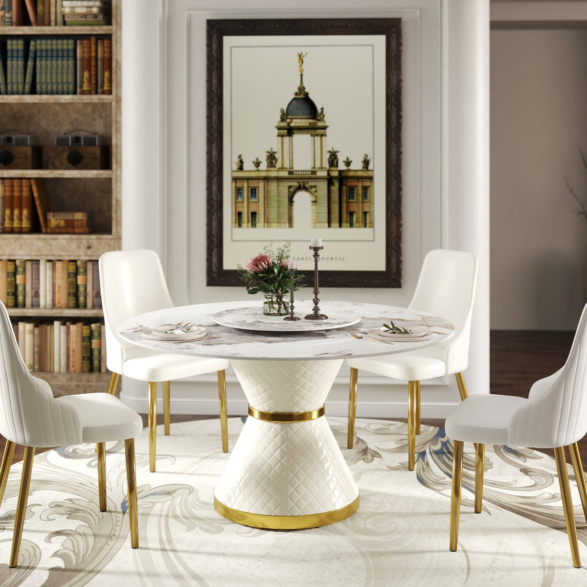 2 Sizes Round Sintered Stone Dining Table – Optional Rotating Lazy Susan, 2 Colors (Black/White) Pedestal Base with Gold Trim, Marble Pattern Tabletop