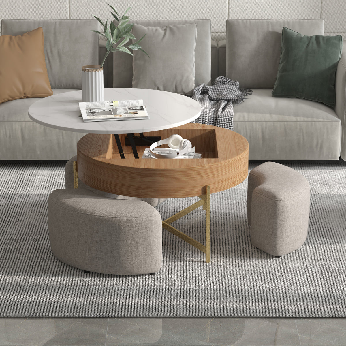 Lift-Top Round Coffee Table with Hidden Storage & 3 Upholstered Stools – 2 Color Options (Black/Natural Wood)