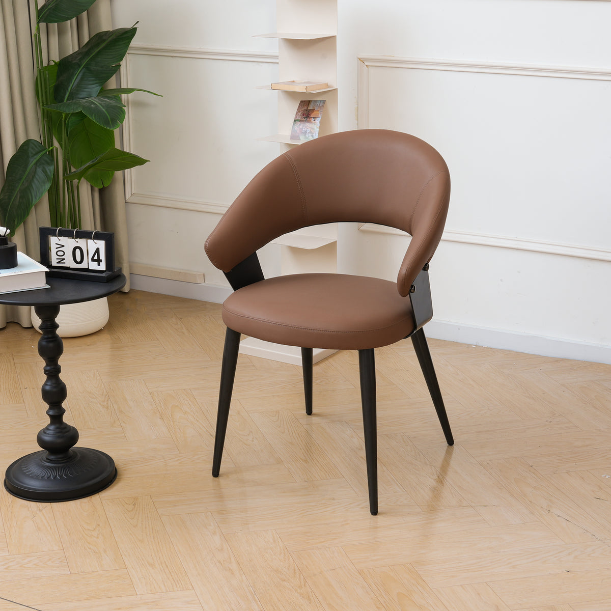 Vegan Leather Curved Back Dining Chairs, Black Carbon Steel Frame, 2-Pack Per Box Two Color Options Modern Upholstered Side Chair