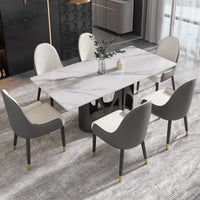 2 Sizes & 3 Colors Rectangular Dining Table – Artistic Cutout Metal Pedestal Base