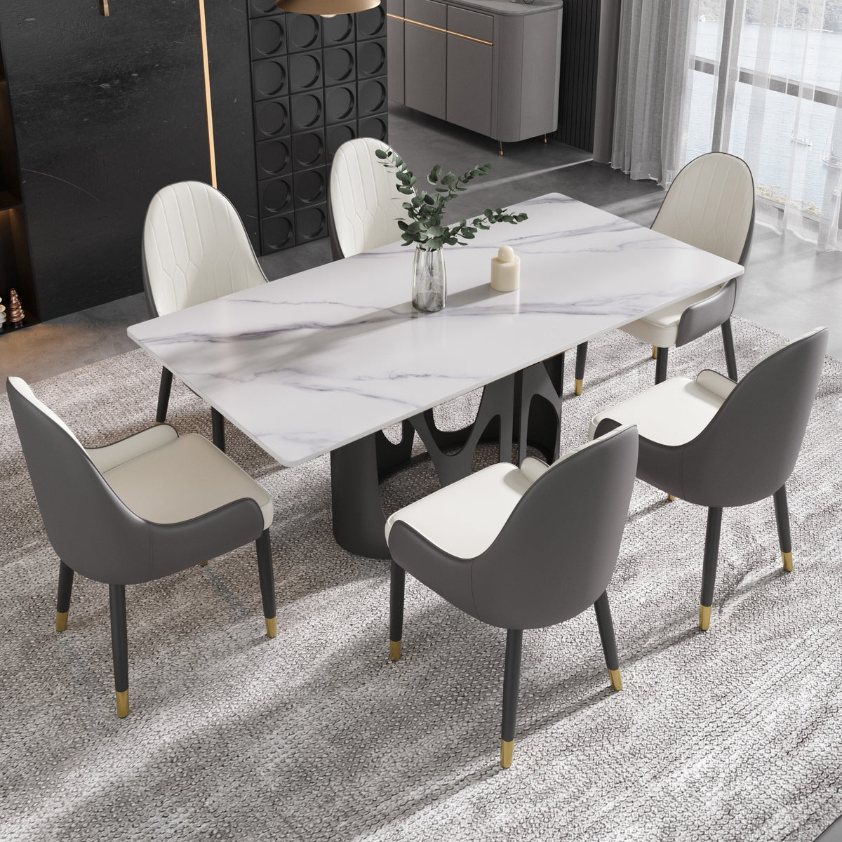 2 Sizes & 3 Colors Rectangular Dining Table – Artistic Cutout Metal Pedestal Base