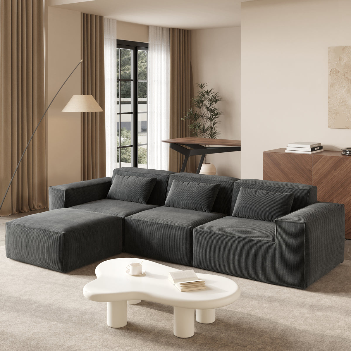 Compressible Modular Sectional Sofa – Cloud Velvet Fabric + Flexible Assembly, Minimalist Relaxed Vibe Living Room Sofa