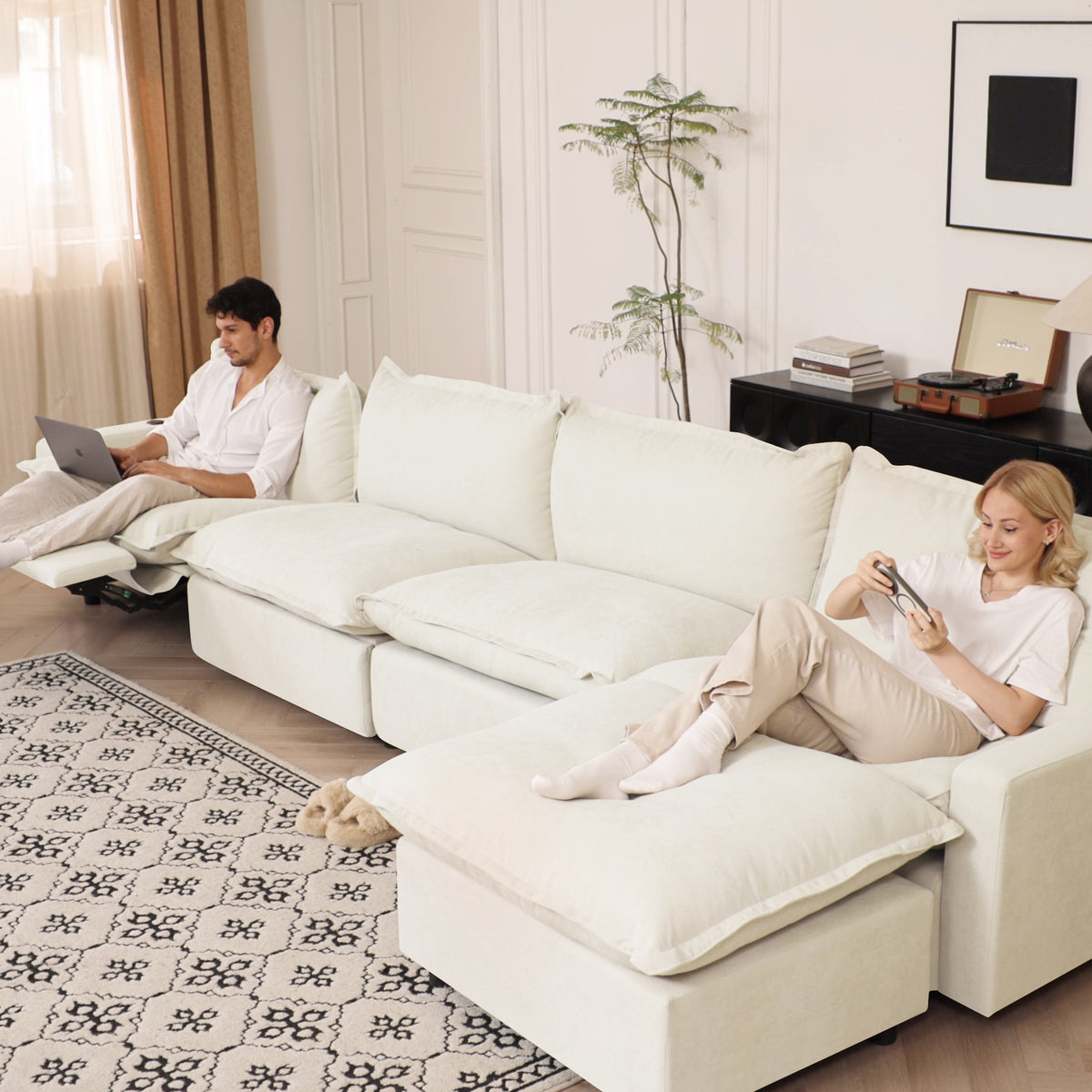 Solid Wood Frame L-Shaped Linen Sectional Sofa with Functional Recliner, Wireless Charging, Zero Gravity Recline & Seat Heating, 3 Color Options