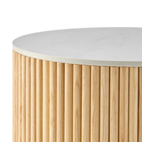 Ribbed Round Side Table – Natural Wood with Marble Tabletop, Modern End Table for Living Room
