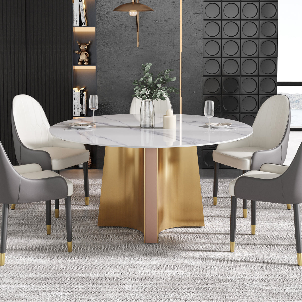 2 Sizes & 3 Colors Round Sintered Stone Dining Table – Optional Rotating Lazy Susan, Gold-Rose Gold Pedestal Base for Luxury Home