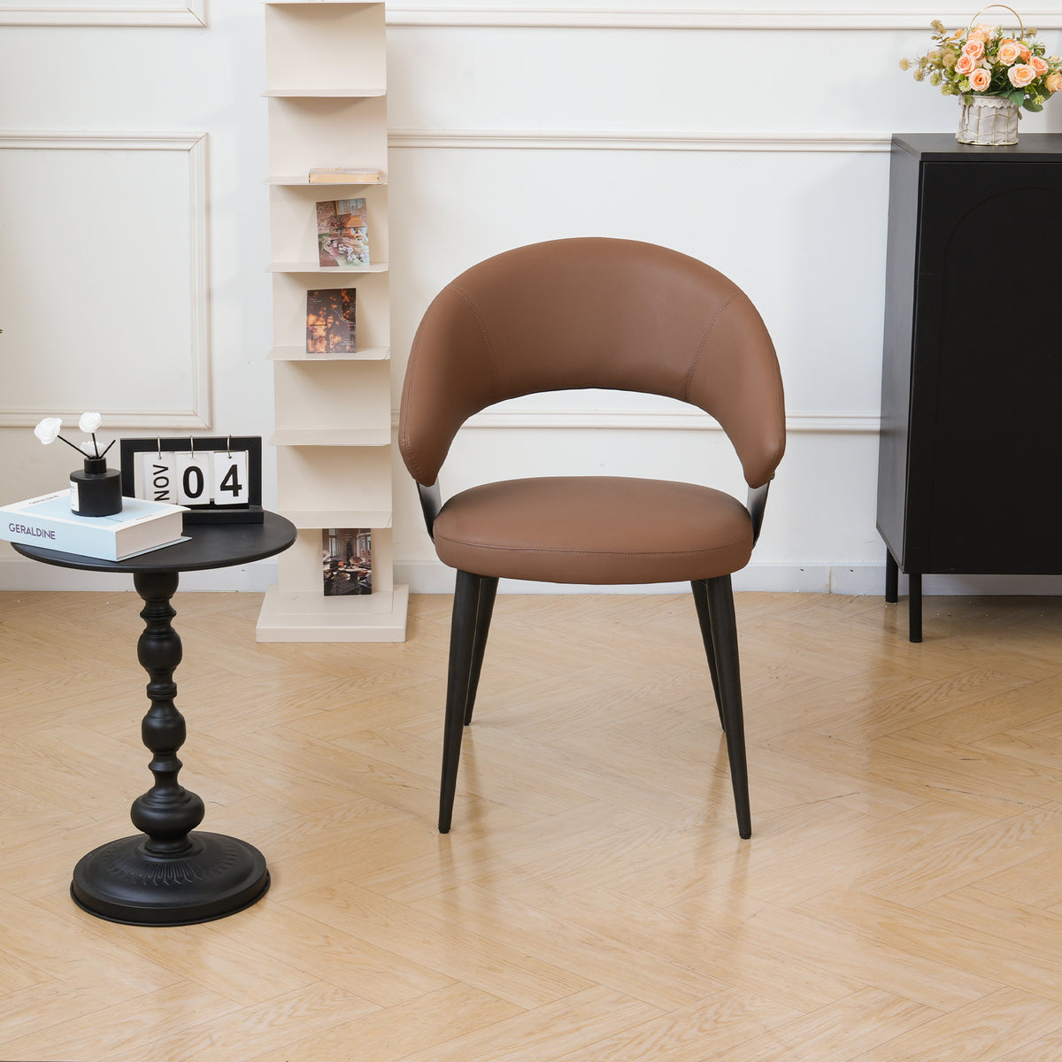 Vegan Leather Curved Back Dining Chairs, Black Carbon Steel Frame, 2-Pack Per Box Two Color Options Modern Upholstered Side Chair