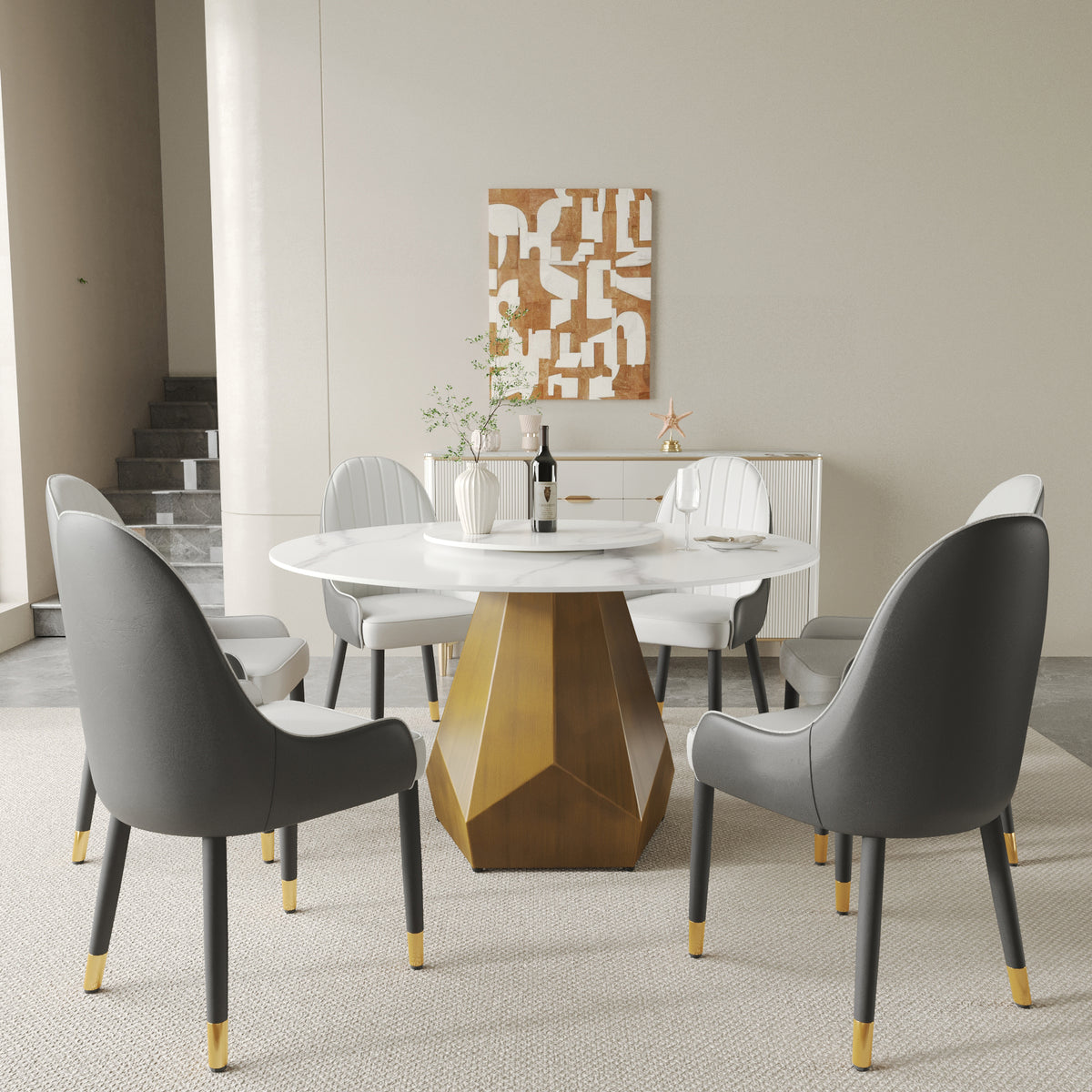 2 Sizes & 2 Colors Round Dining Table – Optional Rotating Lazy Susan, Gold-Geometric Pedestal Base