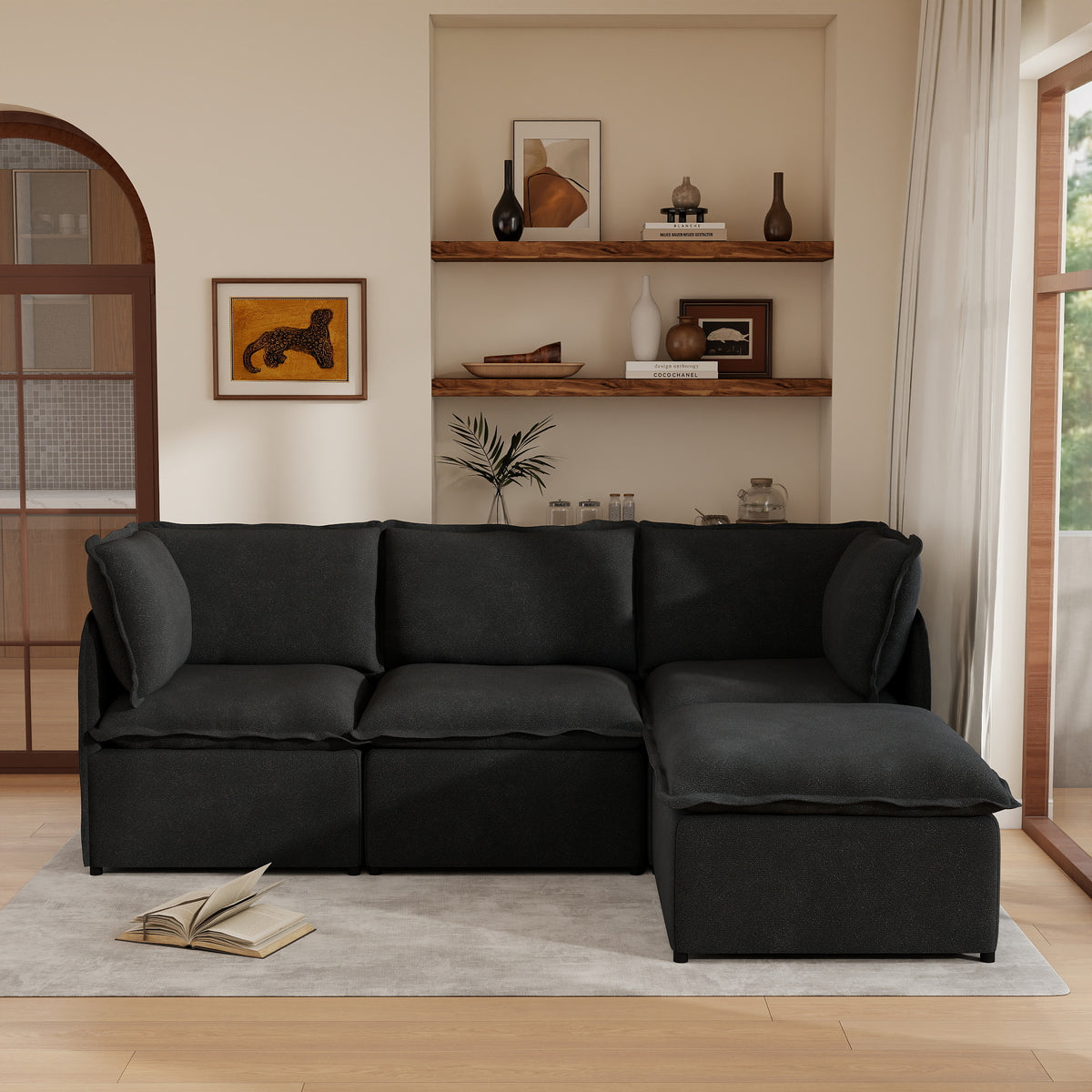 Modular L-Shaped Linen-Look Sectional Sofa, 4 Color Options, Freely Reconfigurable Couch with Removable Washable Covers & Sturdy Iron Frame
