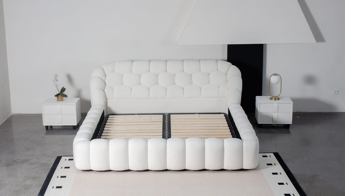 Bubble Tufted Platform Bed – Lamb Wool Upholstered Bed Available in Queen (60×80in) & King (76×80in) Frame Sizes