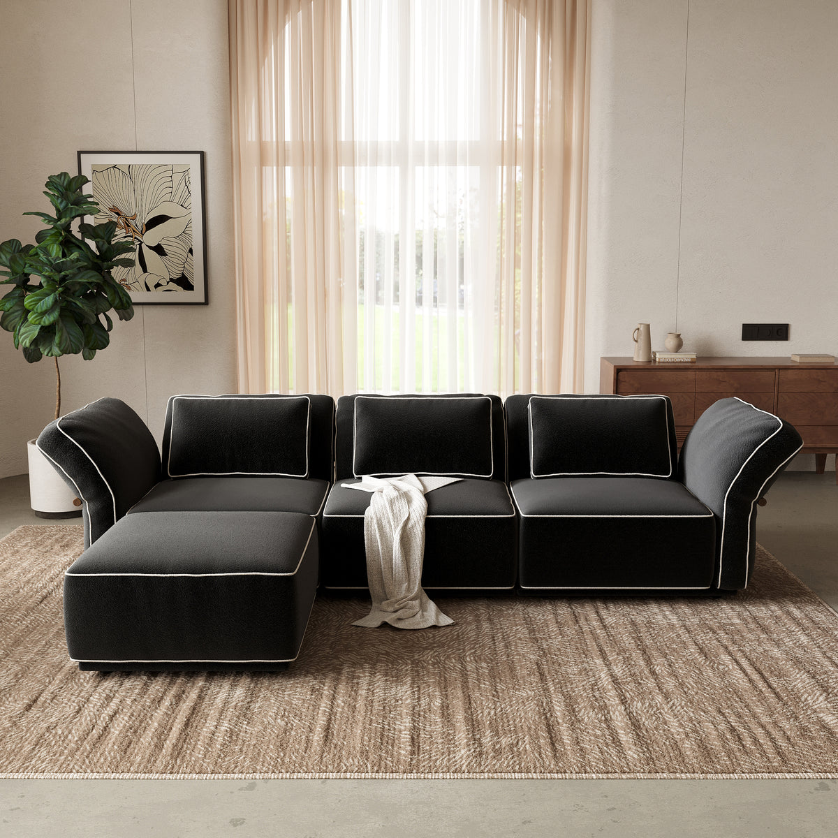 Boucle Fabric Modular Sectional Sofa with Chaise, Detachable Slipcover Contrast Stitch Block Sofa for Living Room