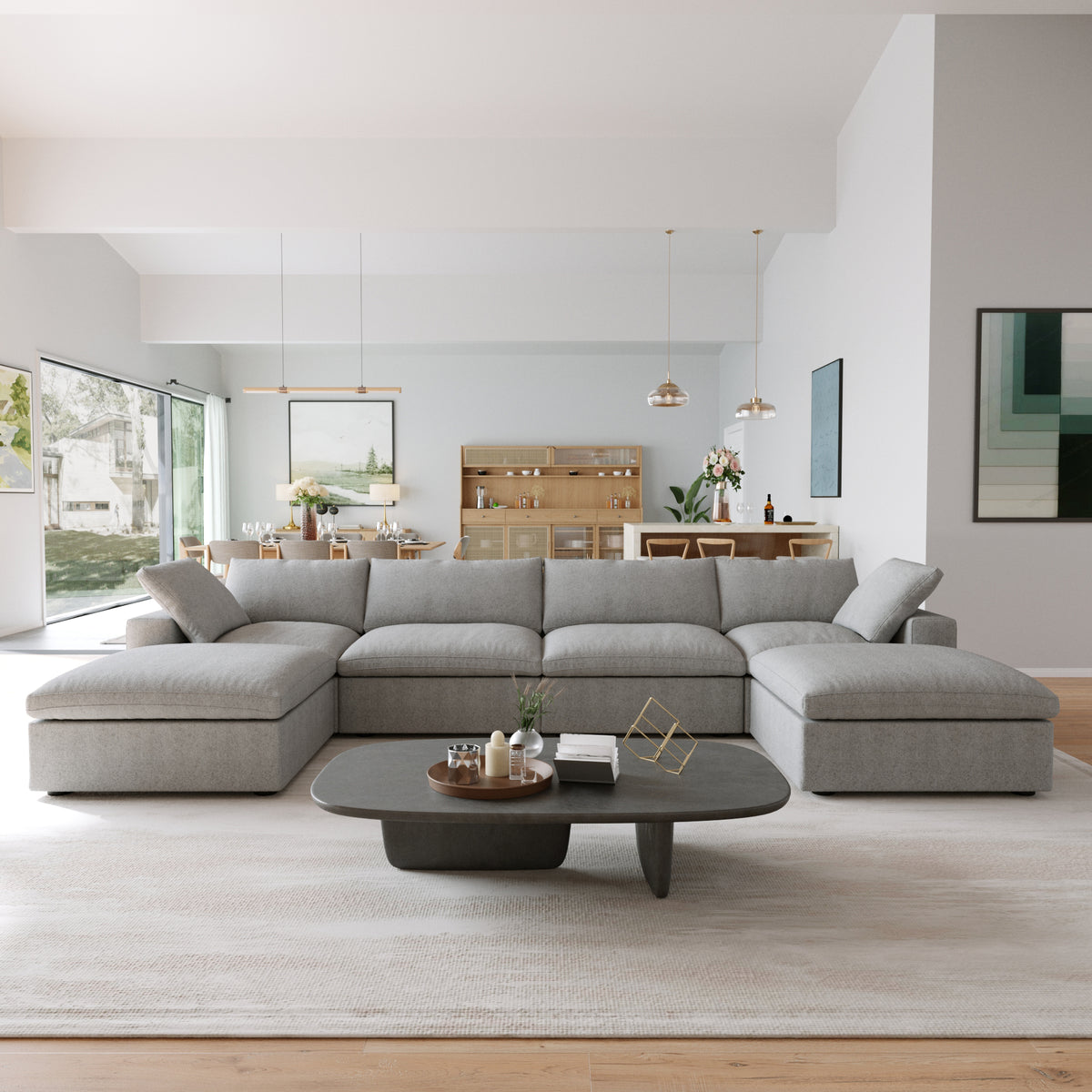 Sky Cloud Sectional Sofa | Pet-Friendly Cover 160-Inch Linen U-Shaped Sectionals 6-Seaters