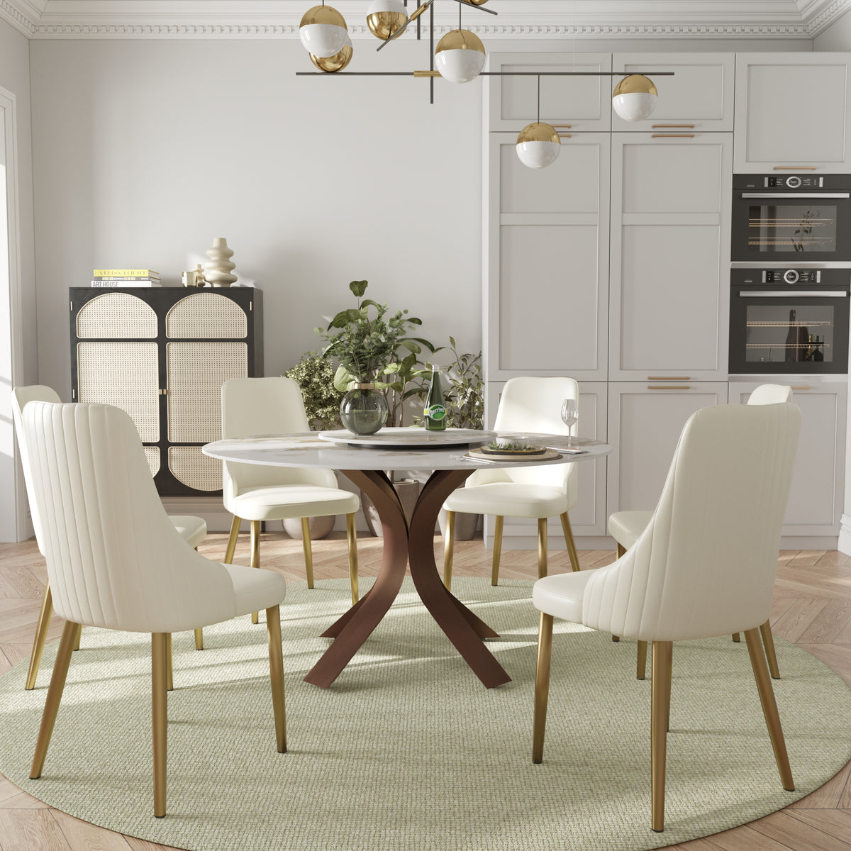 2 Sizes & 3 Colors Round Marble-Pattern Dining Table – Optional Rotating Lazy Susan, 2-Tone X-Shaped Metal Legs