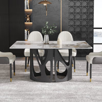 2 Sizes & 3 Colors Rectangular Dining Table – Artistic Cutout Metal Pedestal Base