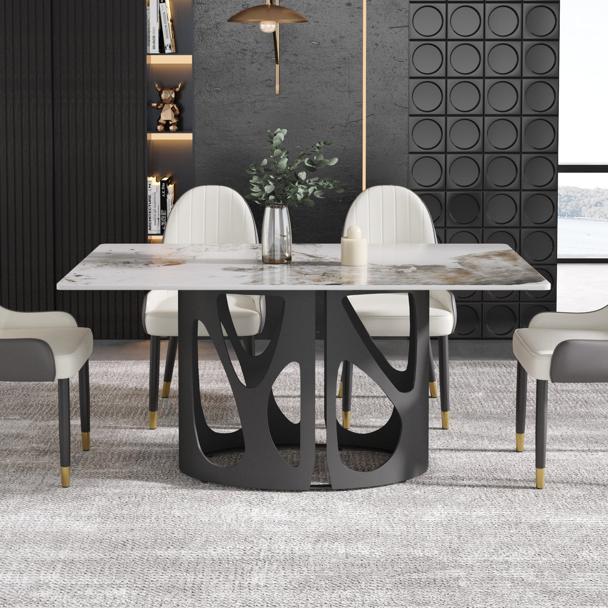 2 Sizes & 3 Colors Rectangular Dining Table – Artistic Cutout Metal Pedestal Base