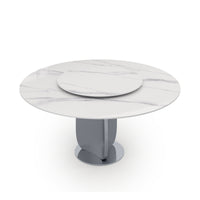 2 Sizes & 3 Colors Round Sintered Stone Dining Table – Optional Rotating Lazy Susan, Polished Gray Stainless Steel Pedestal Base, Marble Pattern Tabletop for Home Kitchen & Dining Room