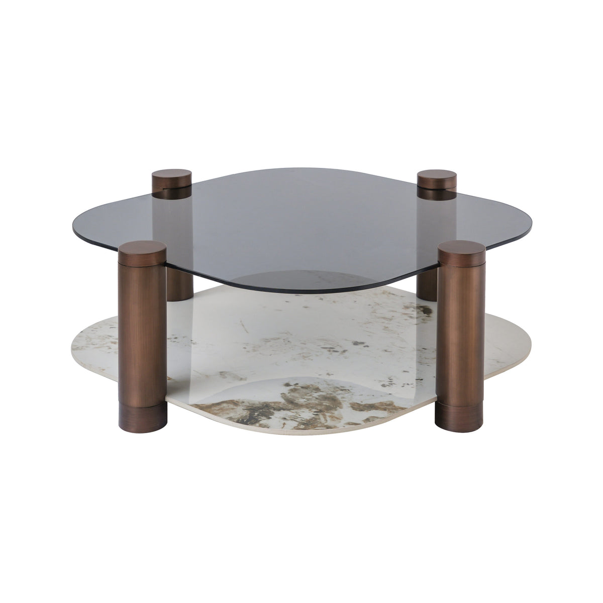 Two-Tier Coffee Table with Glass & Artificial Marble Tops, 2 Color Options (Bronze/White)