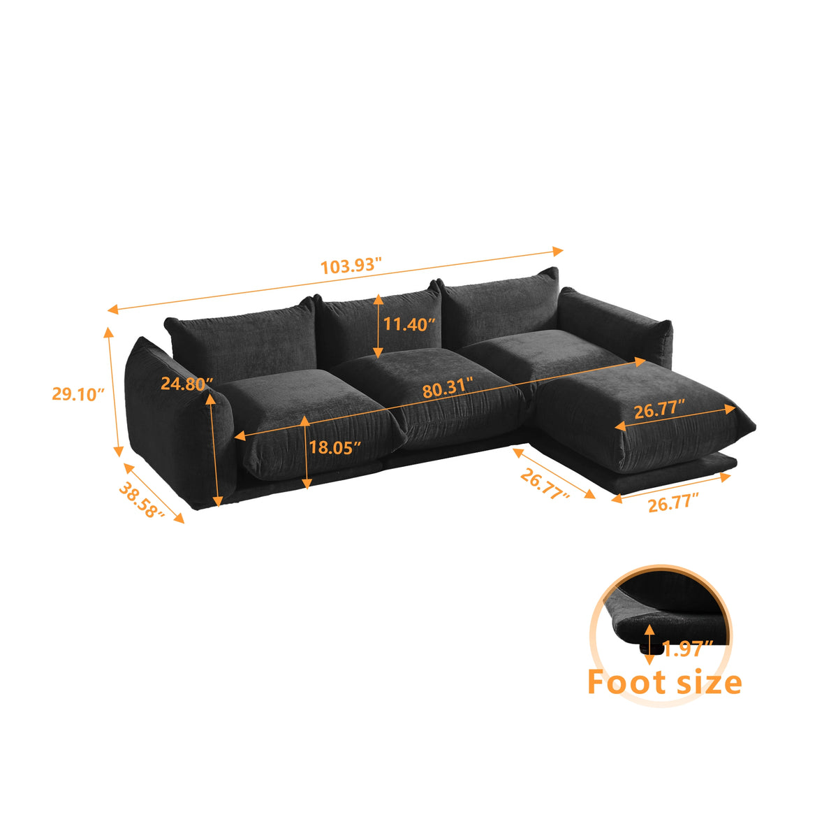 Chenille L-Shaped Modular Sofa with Ottoman – Soft Upholstery + Ground-Hugging Lazy Style, Relaxed Vibe Living Room Sofa