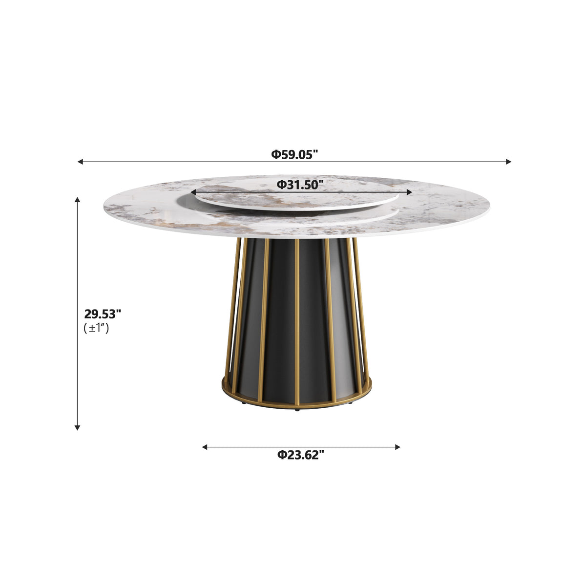 2 Sizes & 3 Colors Round Marble-Pattern Dining Table – Optional Rotating Lazy Susan, Black & Gold Metal Pedestal Base