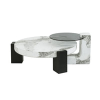 Black & White Veined Laminate Round Coffee Table – Contrast Block Legs Center Table