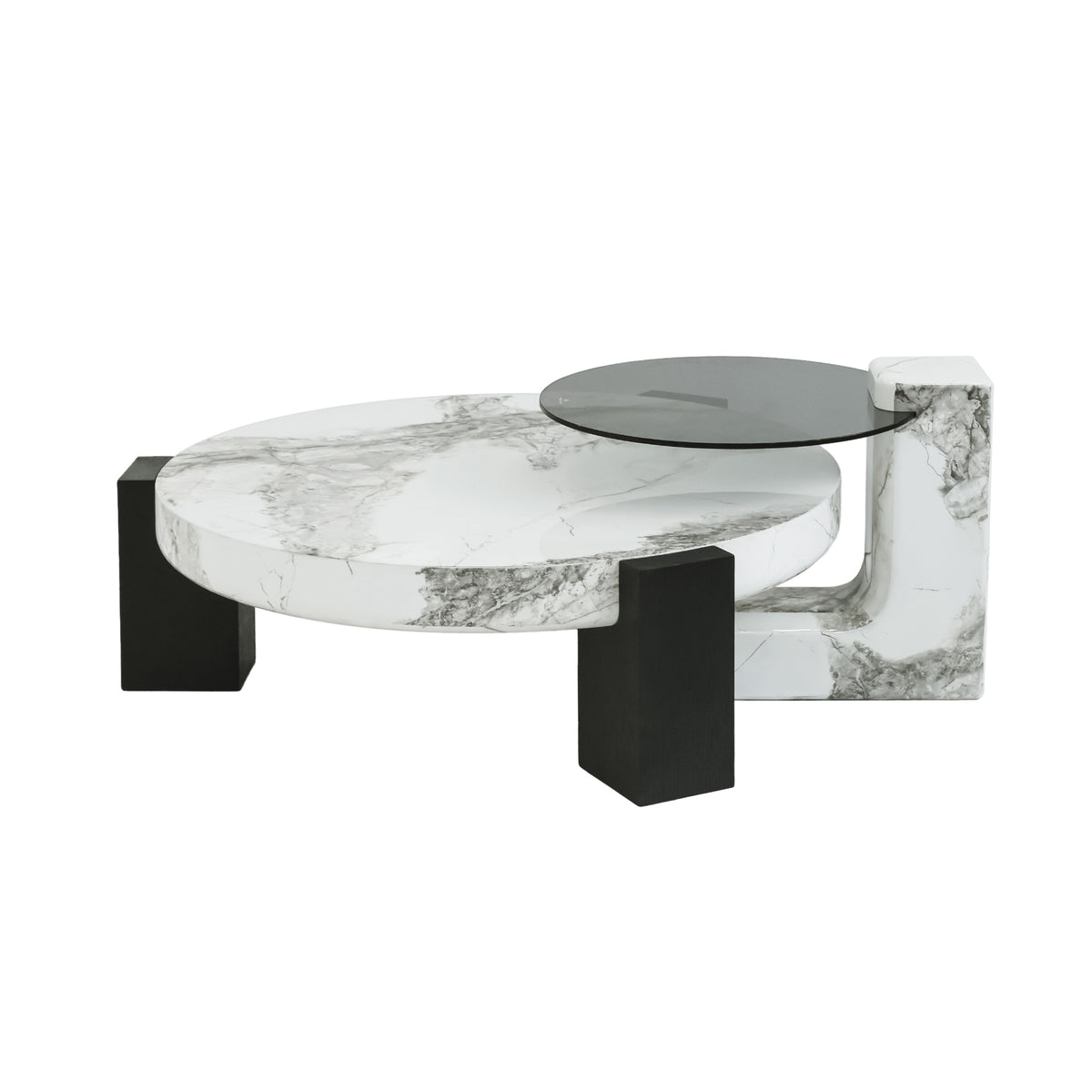 Black & White Veined Laminate Round Coffee Table – Contrast Block Legs Center Table