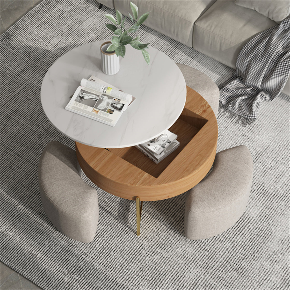 Lift-Top Round Coffee Table with Hidden Storage & 3 Upholstered Stools – 2 Color Options (Black/Natural Wood)