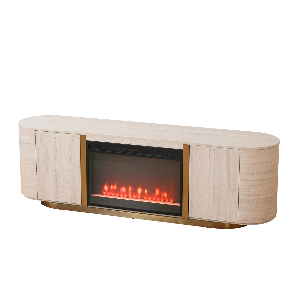 Modern Travertine Panel TV Stand with Fireplace