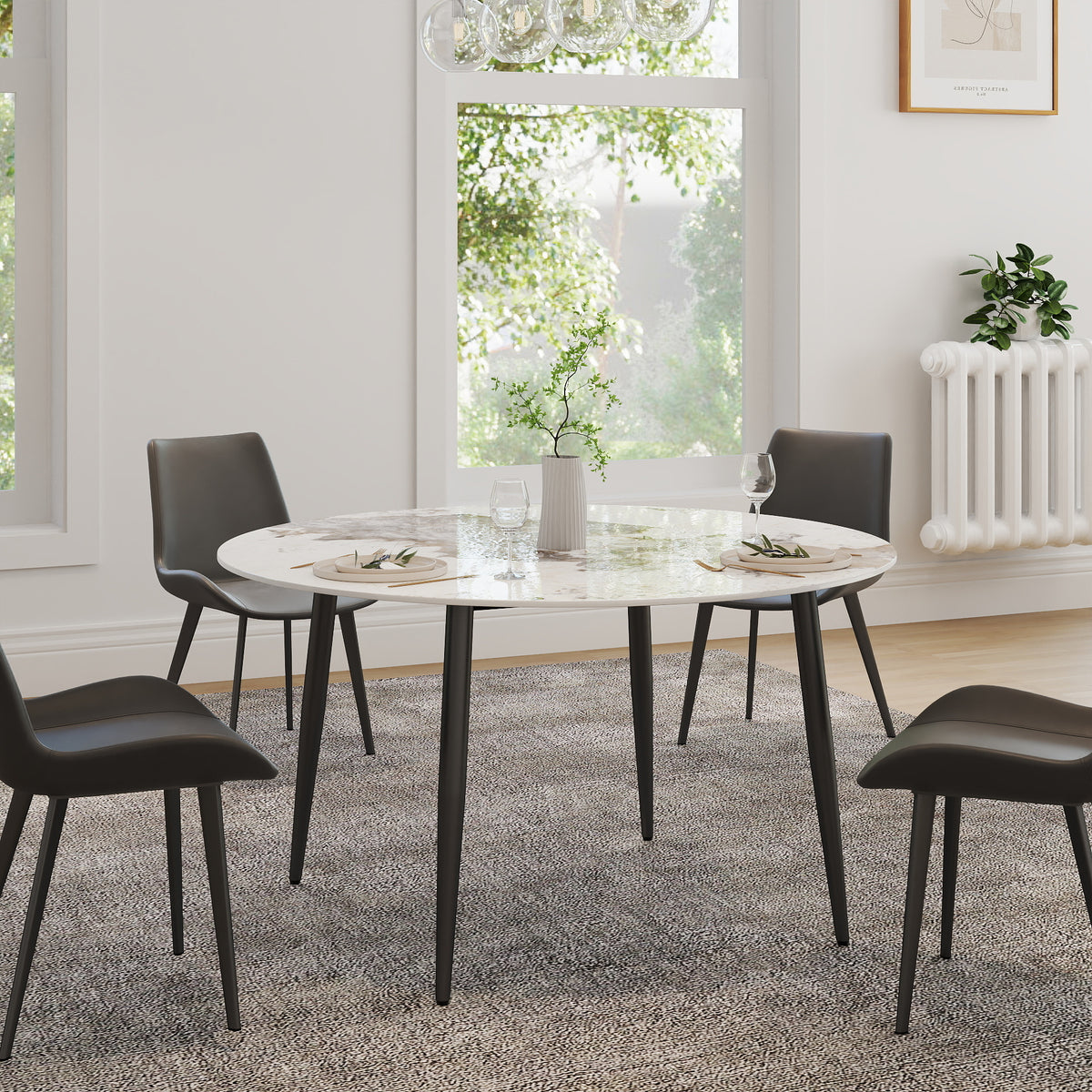 2 Sizes Round Sintered Stone Dining Table – Optional Rotating Lazy Susan, Black Metal Legs, Marble Pattern Tabletop for Modern Home