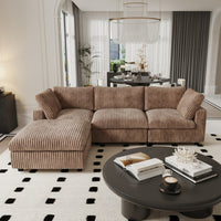 L-Shaped Corduroy Modular Sofa with Ottoman – Cream White Ribbed Fabric, Sectional Sofa for Living Room
